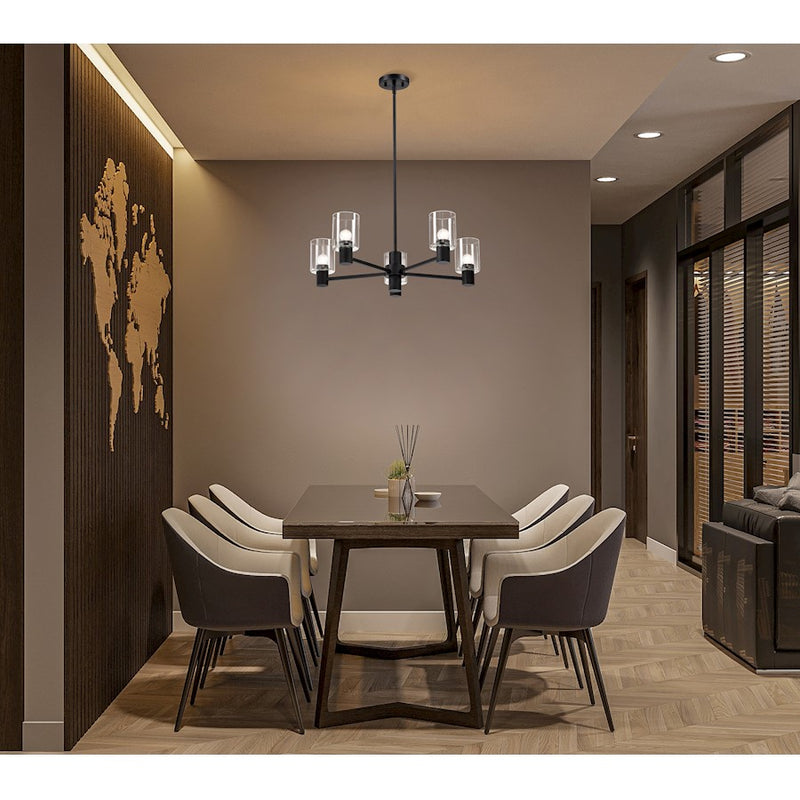 Nuvo Clarksville 28in 5-Light Chandelier | Transitional Matte Black Steel and Clear Glass | Dining Room & Living Room | 28 x 28 x 45 in | Model 60-8066