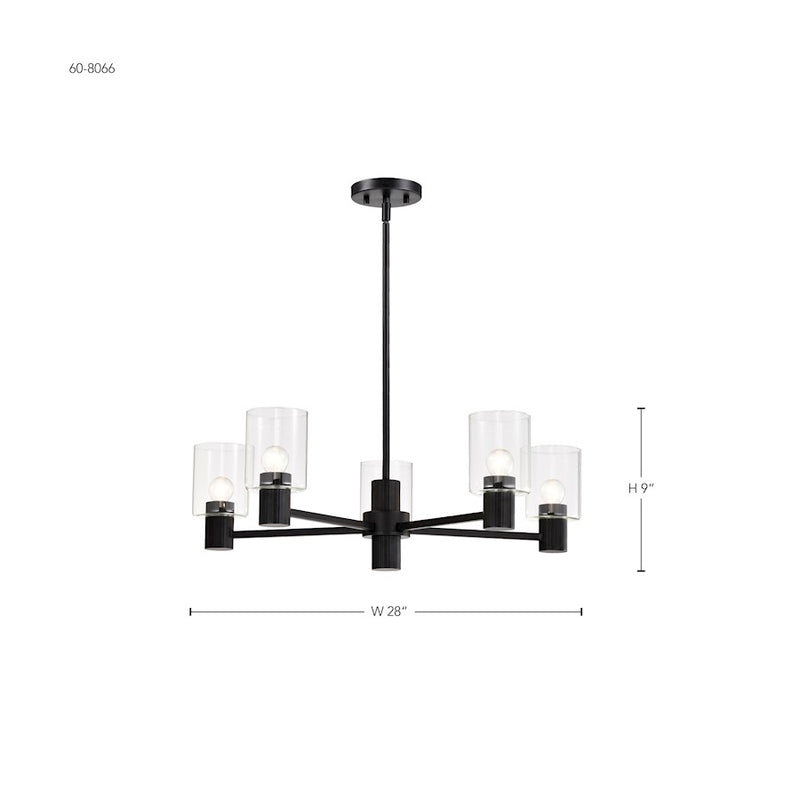 Nuvo Clarksville 28in 5-Light Chandelier | Transitional Matte Black Steel and Clear Glass | Dining Room & Living Room | 28 x 28 x 45 in | Model 60-8066