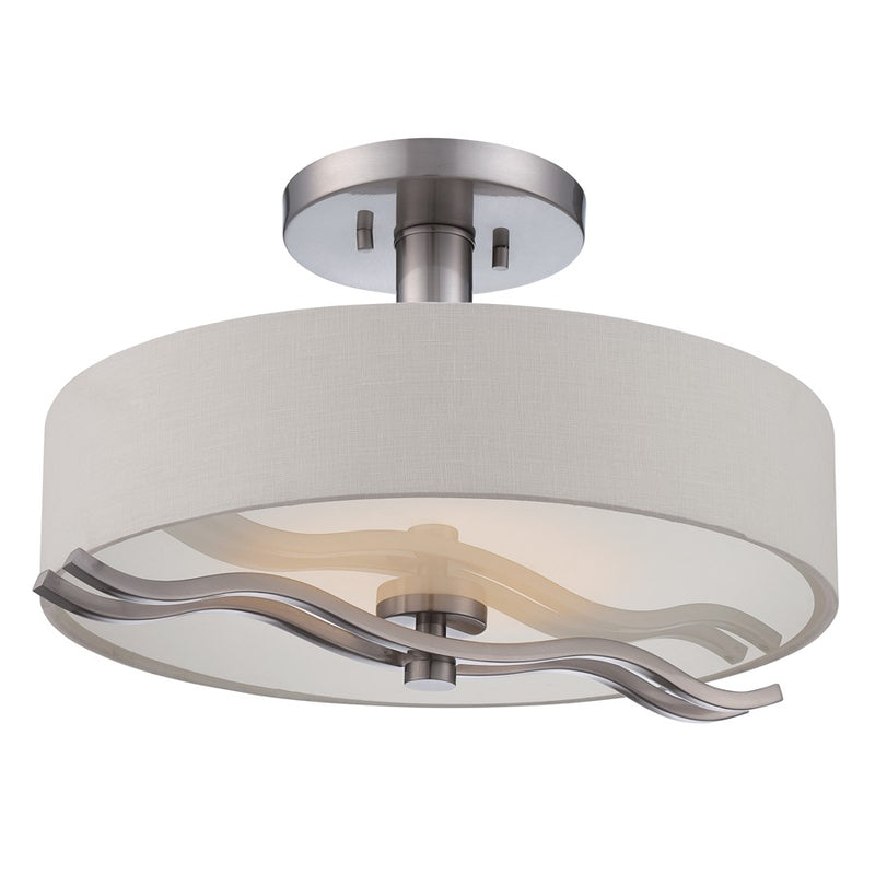 Nuvo Wave 16in 1-Light LED Semi Flush | Contemporary Brushed Nickel and White Linen Fabric | Entryway & Hallway | 16 x 16 x 9.75 in | Model 62-118