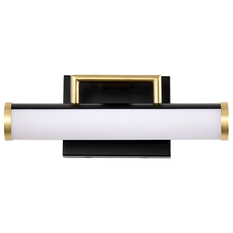 Nuvo Lighting Solano 12in 1-Light LED Vanity | Contemporary Matte Black and Brass with White Acrylic Lens | Bathroom Vanity | 4 x 12 x 4 in | Model 62-1537