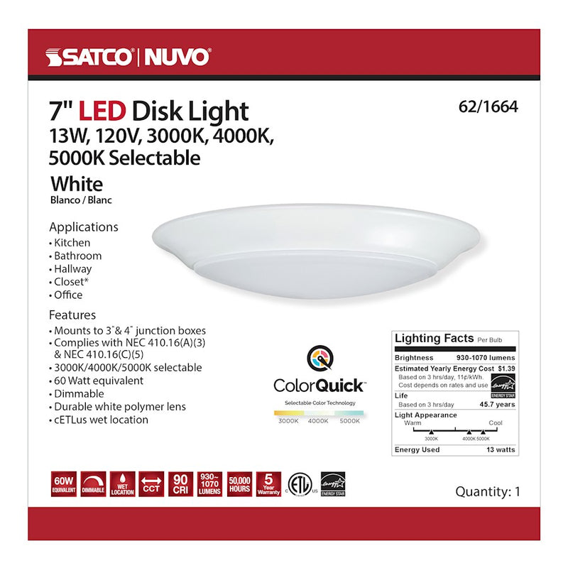 Nuvo Lighting 7in LED Disk Light Flush Mount | Transitional White Finish | Kitchen Bathroom & Hallway | 7.4 x 7.4 x 1.28 in, 120V Dimmable | Model 62-1664