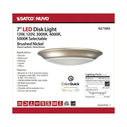 Nuvo Lighting 7in 1-Light LED Flush Mount | Transitional Brushed Nickel | Closet, Bathroom & Wet Location | 7 x 7 x 1 in, 120V Dimmable | Model 62-1665
