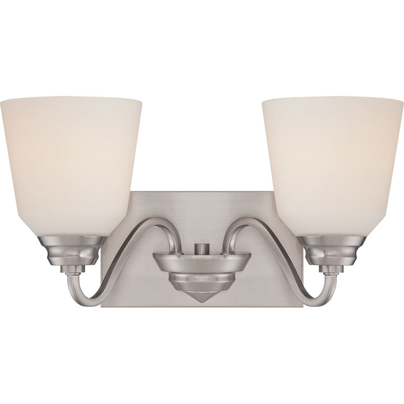Nuvo Calvin 15.75in 2-Light Vanity Light | Transitional Brushed Nickel and Satin White Glass | Bathroom Vanity | 15.75 x 8.5 x 8.38 in | Model 62-367
