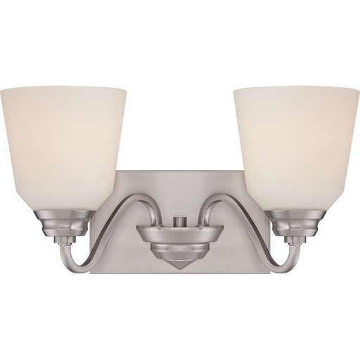 Nuvo Calvin 15.75in 2-Light Vanity Light | Transitional Brushed Nickel and Satin White Glass | Bathroom Vanity | 15.75 x 8.5 x 8.38 in | Model 62-367