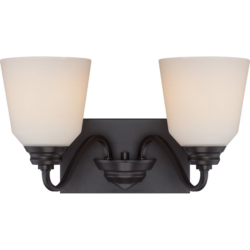 Nuvo Calvin 15.75in 2-Light Vanity Light | Transitional Mahogany Bronze and Satin White Glass | Bathroom Vanity | 15.75 x 8.5 in | Model 62-377