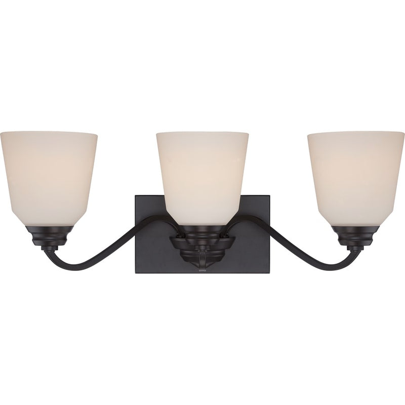Nuvo Calvin 24in 3-Light Vanity Light | Transitional Mahogany Bronze and Satin White Glass | Bathroom Vanity | 23.88 x 8.5 in | Model 62-378