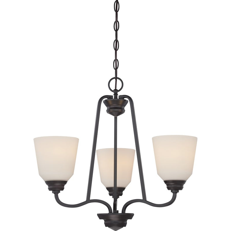 Nuvo Calvin 22in 3-Light Chandelier | Transitional Mahogany Bronze and Satin White Glass | Dining Room & Living Room | 22 x 22 x 20 in | Model 62-379