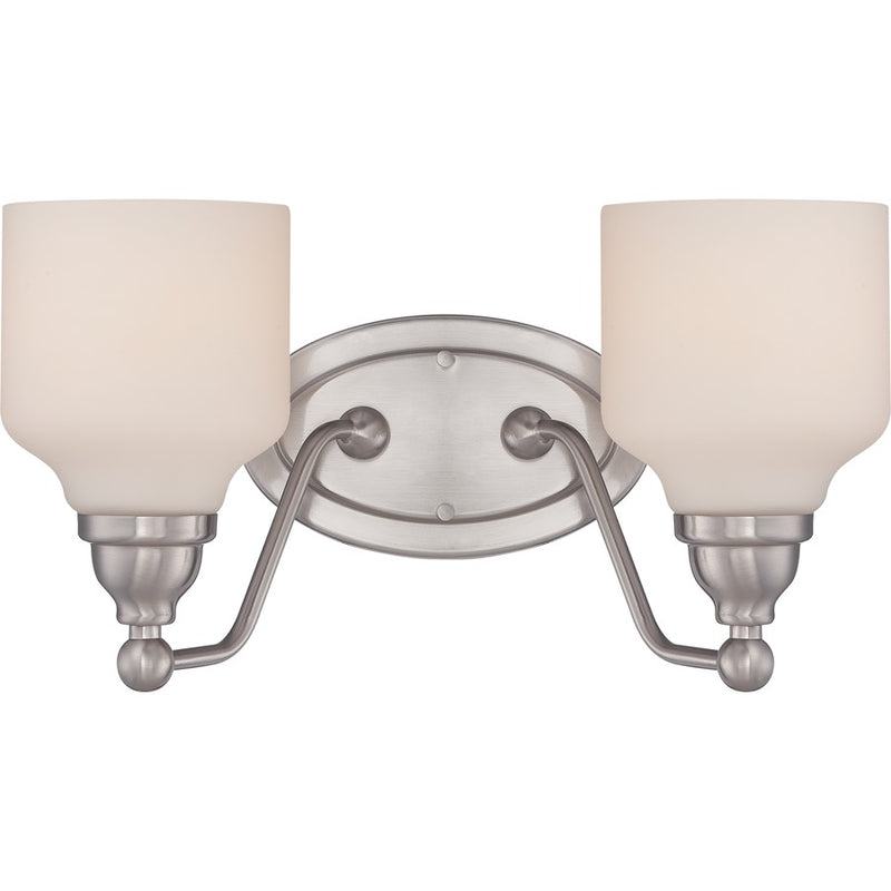 Nuvo Kirk 15in 2-Light Vanity Light | Transitional Polished Nickel and Satin White Glass | Bathroom Vanity | 15 x 8.25 in | Model 62-387