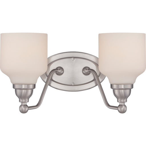 Nuvo Kirk 15in 2-Light Vanity Light | Transitional Polished Nickel and Satin White Glass | Bathroom Vanity | 15 x 8.25 in | Model 62-387