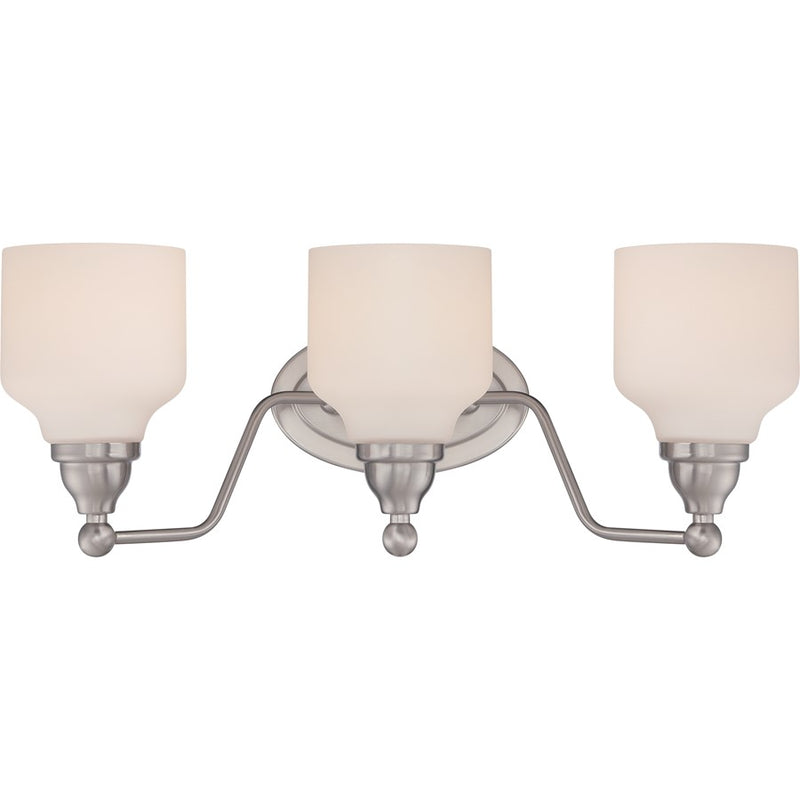 Nuvo Kirk 21in 3-Light Vanity Light | Transitional Polished Nickel and Satin White Glass | Bathroom Vanity | 21 x 8.25 x 8.12 in | Model 62-388