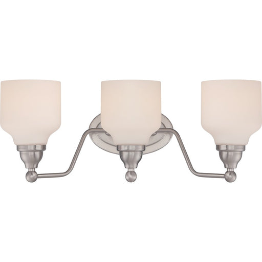 Nuvo Kirk 21in 3-Light Vanity Light | Transitional Polished Nickel and Satin White Glass | Bathroom Vanity | 21 x 8.25 x 8.12 in | Model 62-388