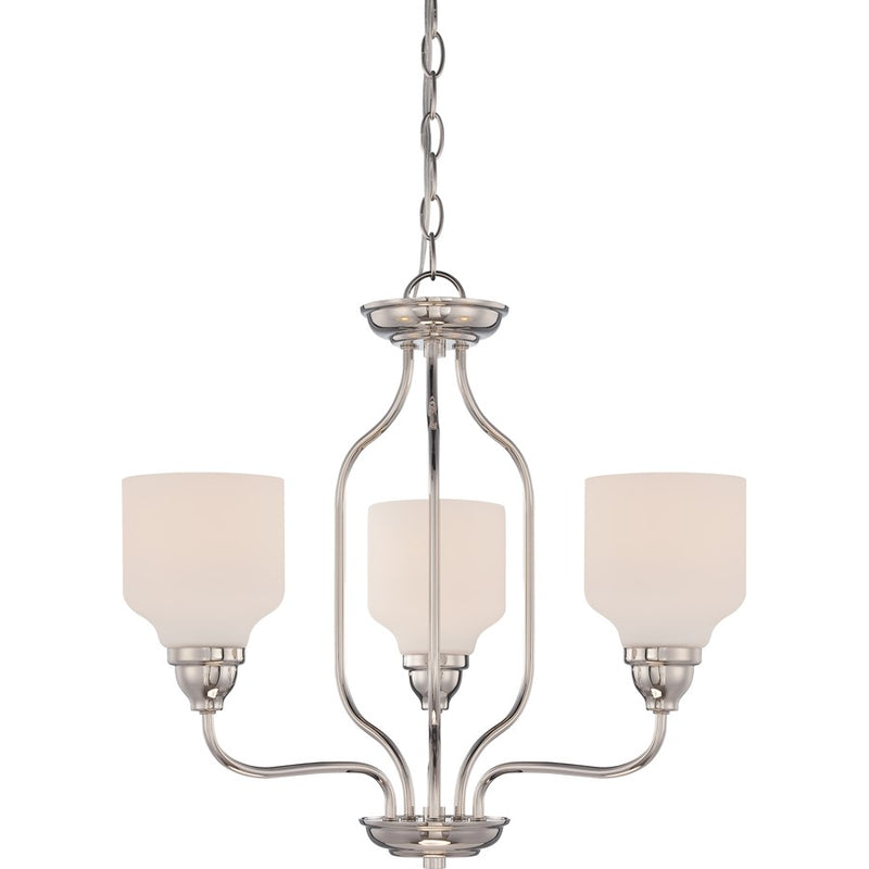 Nuvo Kirk 21in 3-Light Chandelier | Transitional Polished Nickel and Satin White Glass | Dining Room & Living Room | 20.88 x 20.88 x 19.12 | Model 62-389