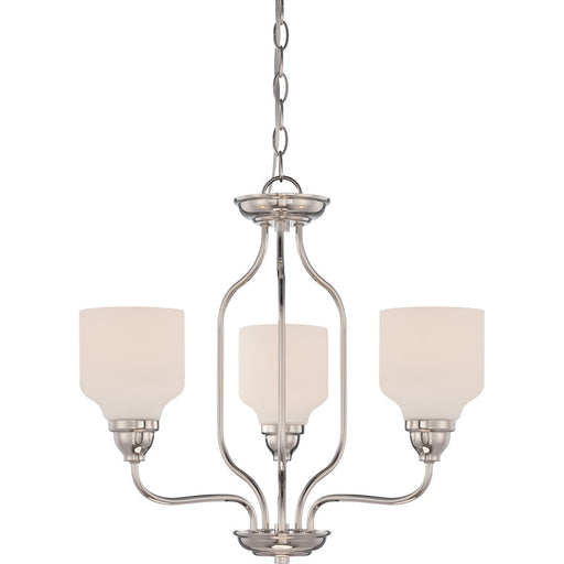 Nuvo Kirk 21in 3-Light Chandelier | Transitional Polished Nickel and Satin White Glass | Dining Room & Living Room | 20.88 x 20.88 x 19.12 | Model 62-389