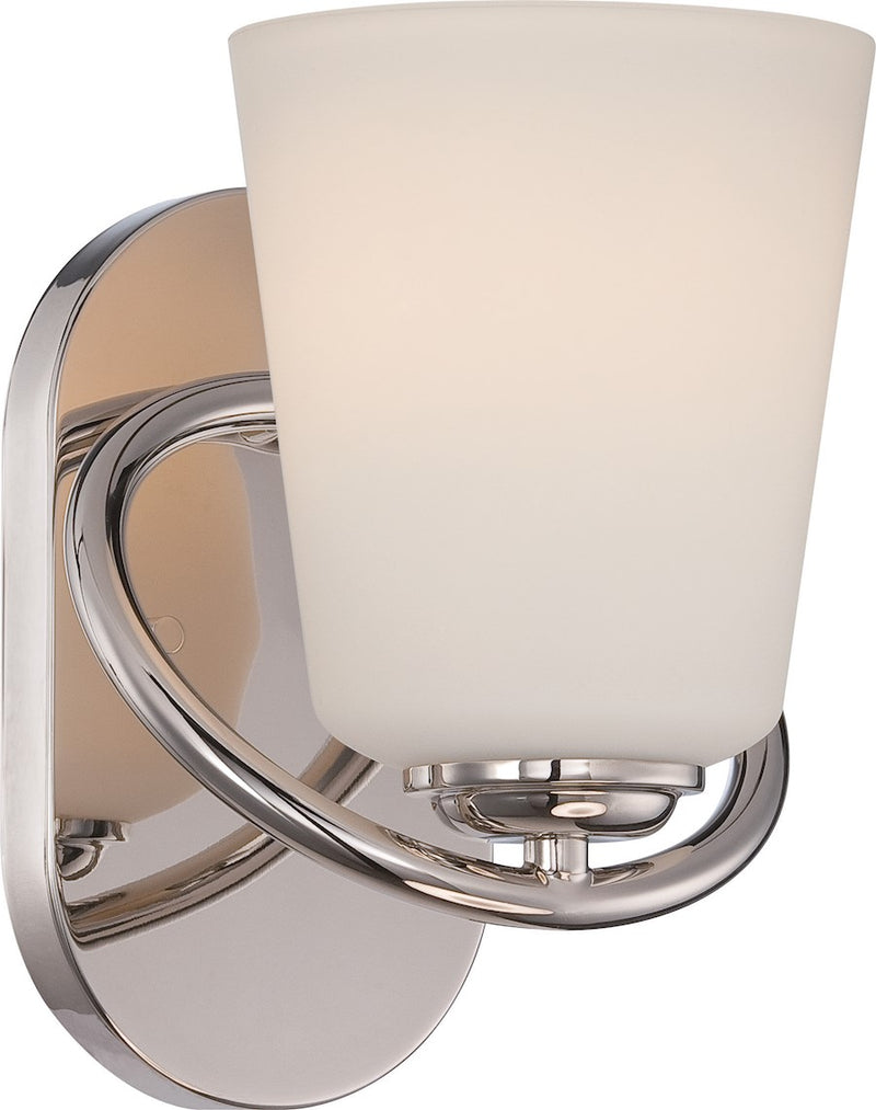 Nuvo Dylan 8.62in 1-Light Vanity Light | Transitional Polished Nickel and Satin White Glass | Bathroom Vanity | 6.5 x 8.62 in | Model 62-406