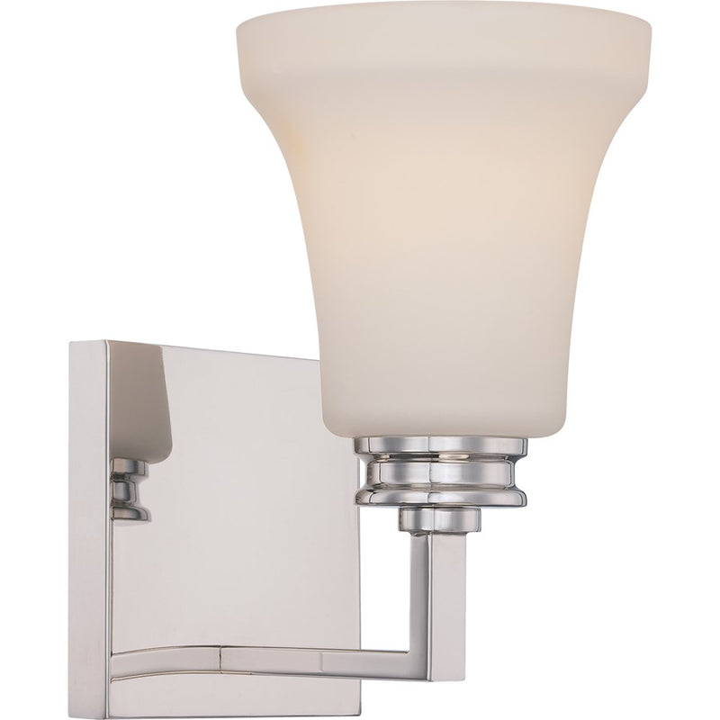 Nuvo Cody 1-Light Vanity Light | Transitional Polished Nickel and Satin White Glass | Bathroom Vanity & Powder Room | 5.38 x 7 x 9 in, 809 | Model 62-426