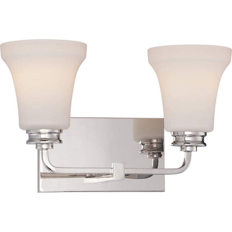 Nuvo Cody 14.88in 2-Light Vanity Light | Transitional Polished Nickel and Satin White Glass | Bathroom Vanity | 14.88 x 9 x 7 in | Model 62-427