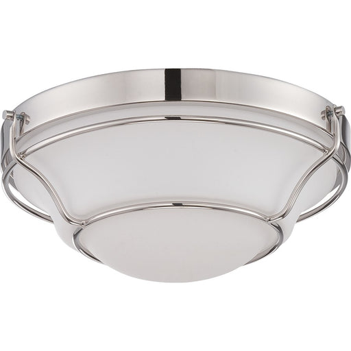 Nuvo Baker 13in 1-Light LED Flush Mount | Transitional Polished Nickel and Satin White Glass | Bedroom & Hallway | 13 x 13 x 5 in, 1150 | Model 62-529