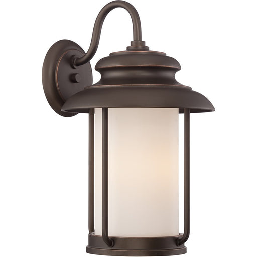 Nuvo Bethany 10in 1-Light Outdoor Wall Lantern | Transitional Mahogany Bronze and Satin White Glass | Covered Patios & Entryways | 10 x | Model 62-632