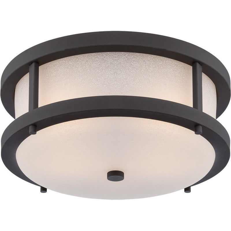 Nuvo Willis 14in 2-Light Outdoor Flush Mount | Transitional Textured Black and Antique White Glass | Covered Patio & Entryway | 13.75 x | Model 62-653