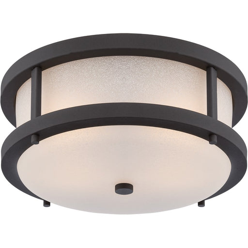 Nuvo Willis 14in 2-Light Outdoor Flush Mount | Transitional Textured Black and Antique White Glass | Covered Patio & Entryway | 13.75 x | Model 62-653