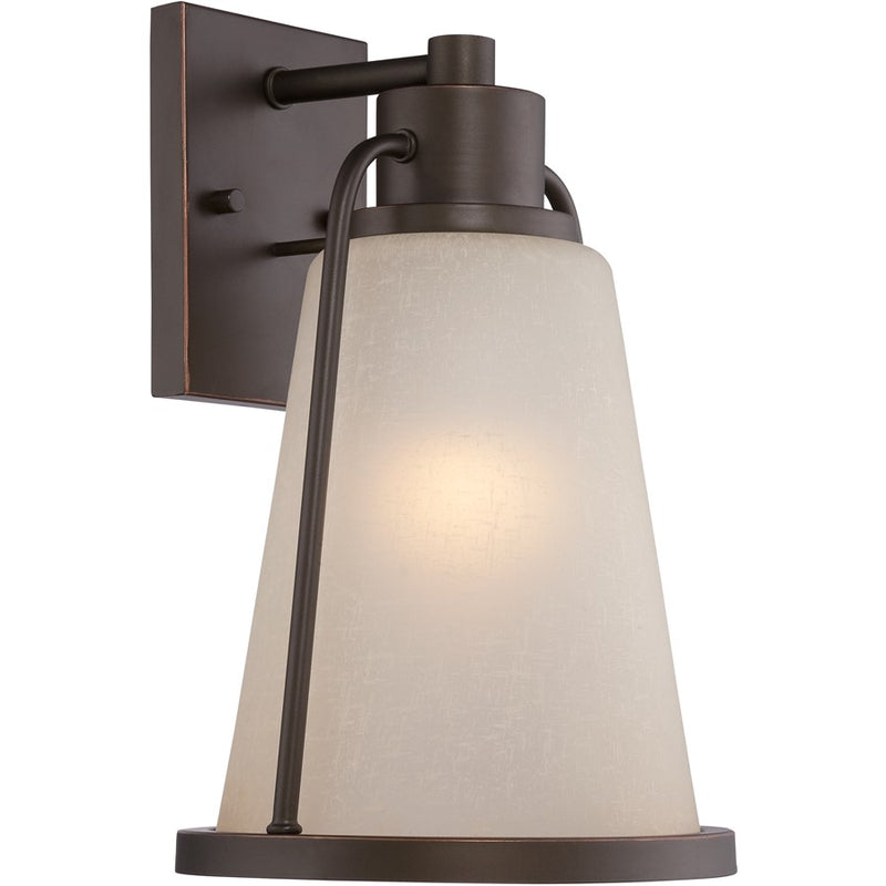 Nuvo Tolland 9in 1-Light Outdoor Wall Sconce | Transitional Mahogany Bronze and Champagne Linen Glass | Covered Patio & Entryway | 9 x 9.38 | Model 62-682