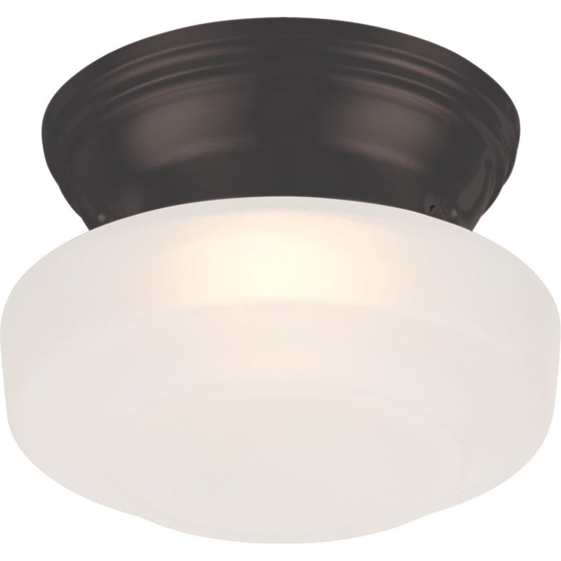 Nuvo Lighting Bogie 6in 1-Light LED Flush Mount | Transitional Aged Bronze and Frosted Glass | Bathroom & Covered Patio | 6 x 6 x 4 in | Model 62-701