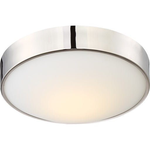 Nuvo Lighting Perk 13in 1-Light LED Flush Mount | Transitional Polished Nickel and White Glass | Bathroom & Hallway Damp Rated | 13 x 13 x | Model 62-774