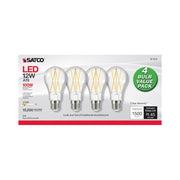 Nuvo Lighting Satco 12W LED A19 Bulb 4-Pack | Clear Glass 2700K Warm White Dimmable | Indoor & Enclosed Fixtures | 1500 Lumens 80 CRI | Model S11513