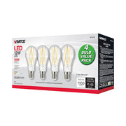 Nuvo Lighting Satco 12W LED A19 Bulb 4-Pack | Clear Glass 2700K Warm White Dimmable | Indoor & Enclosed Fixtures | 1500 Lumens 80 CRI | Model S11513