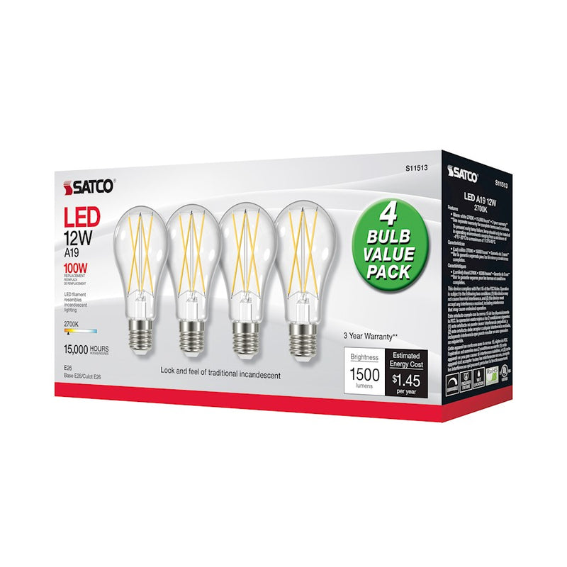 Nuvo Lighting Satco 12W LED A19 Bulb 4-Pack | Clear Glass 2700K Warm White Dimmable | Indoor & Enclosed Fixtures | 1500 Lumens 80 CRI | Model S11513