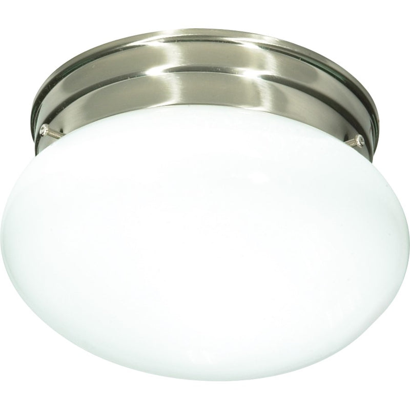 Nuvo 1-Light 8in Flush Mount | Traditional Brushed Nickel and Small White Mushroom Glass Shade | Hallway & Bathroom Damp-Rated | 7.5 x 5 | Model SF76-601
