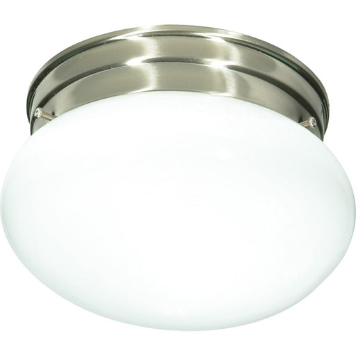 Nuvo 1-Light 8in Flush Mount | Traditional Brushed Nickel and Small White Mushroom Glass Shade | Hallway & Bathroom Damp-Rated | 7.5 x 5 | Model SF76-601