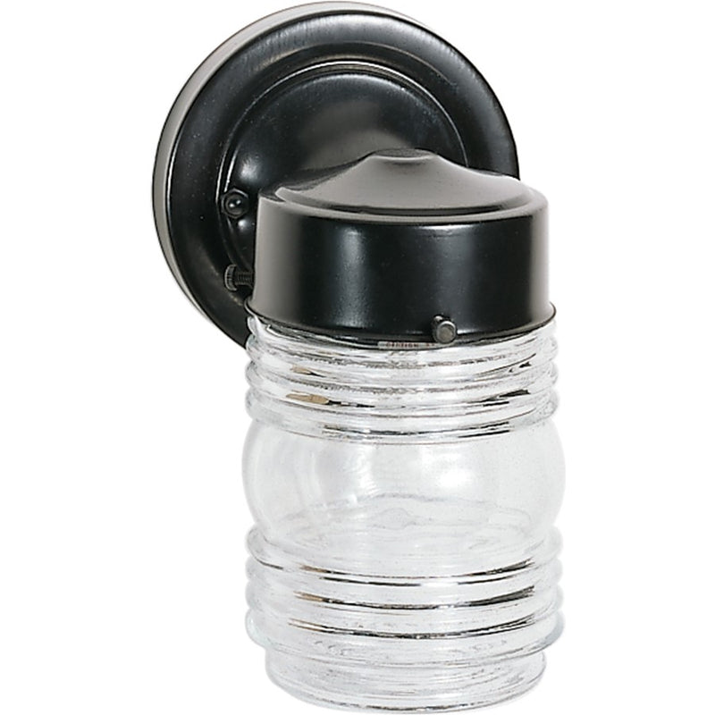Nuvo 1-Light 6in Outdoor Wall Sconce | Traditional Black Steel and Clear Mason Jar Glass | Covered Patio & Entryway | 4 x 5.5 x 8.5 in | Model SF77-119B