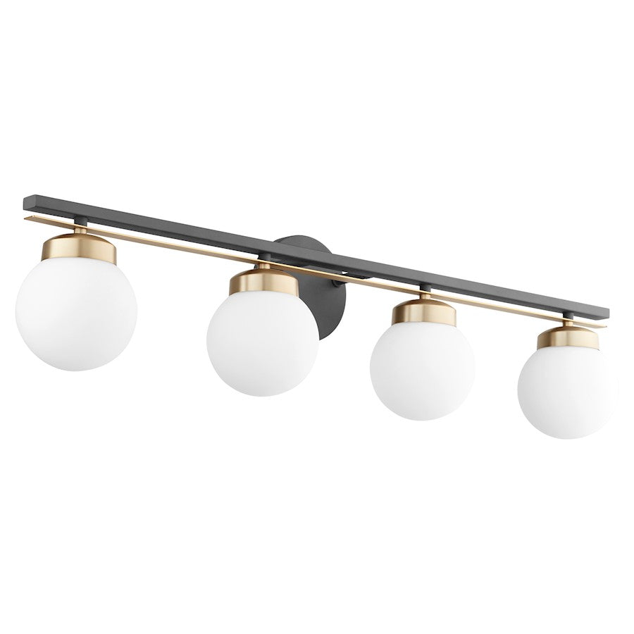 Quorum Nius 4 Light Vanity, Noir/Aged Brass/Satin Opal