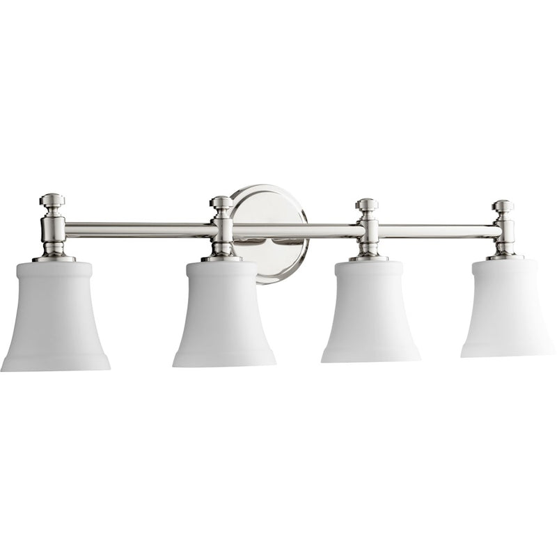 Quorum Rossington 4 Light 30' Vanity, Polished Nickel/Satin Opal