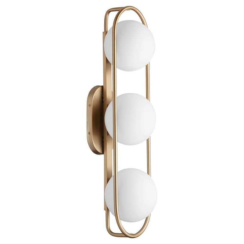 Quorum Belmont 3 Light Vanity, Aged Brass/Satin Opal