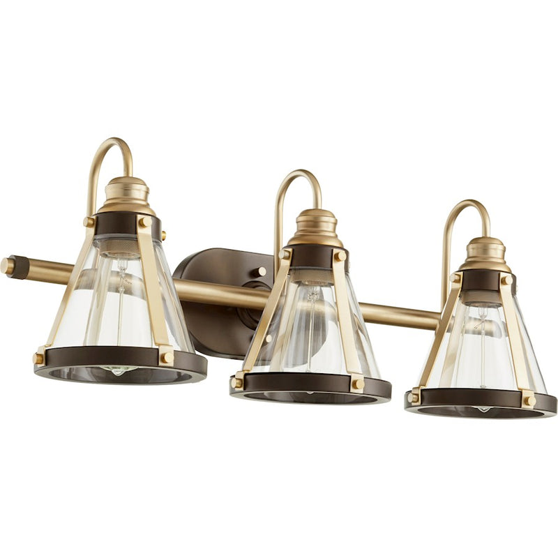 Quorum 3 Light Banded Cone, Aged Brass with Oiled Bronze
