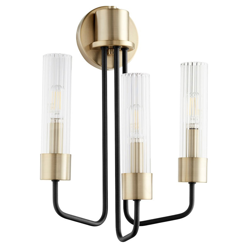 Quorum Helix 3 Light Wall Mount, Noir/Aged Brass/Clear/Fluted