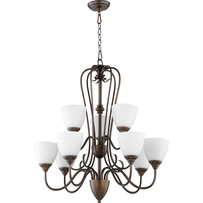 Quorum Powell 9 Light 29' Chandelier, Oiled Bronze/Satin Opal