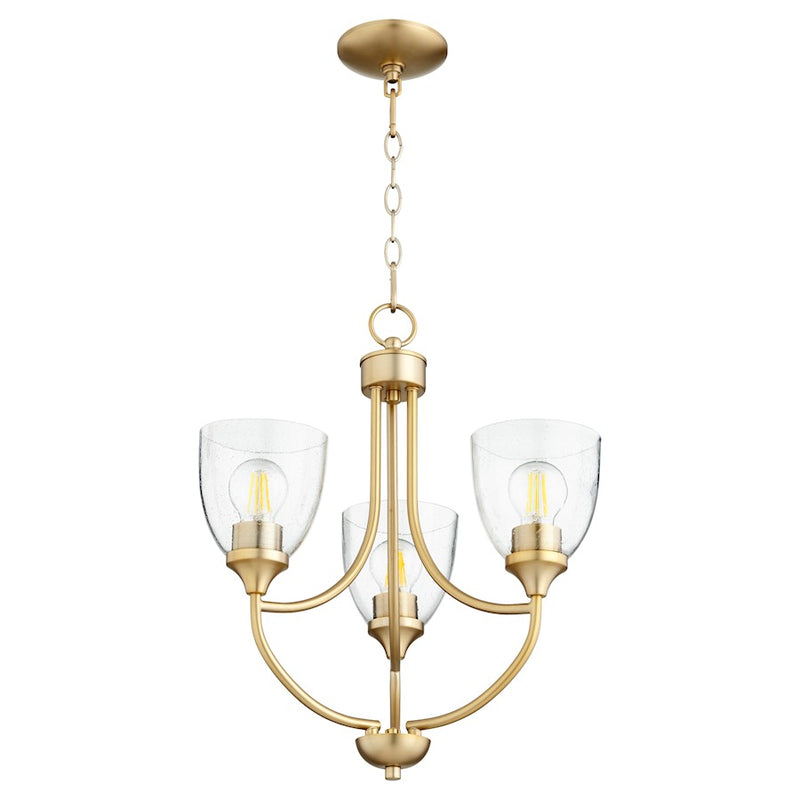Quorum Enclave 3 Light Chandelier, Aged Brass/Clear Seeded