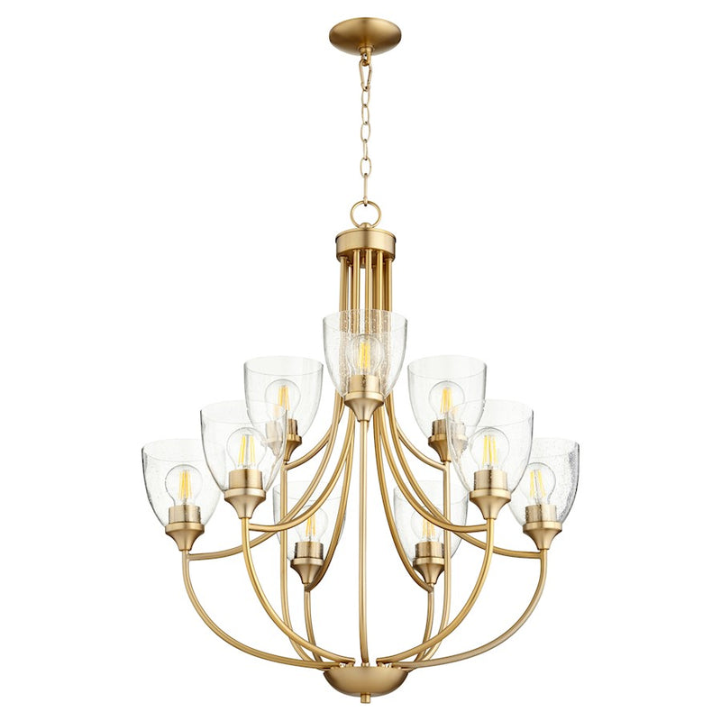 Quorum Enclave 9 Light Chandelier, Aged Brass/Clear Seeded