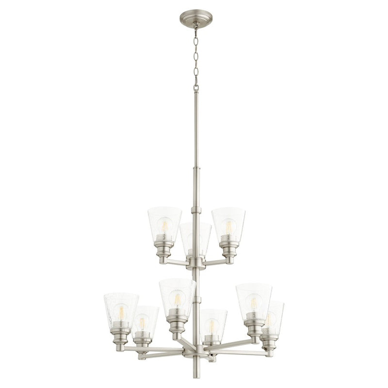 Quorum Dunbar 9 Light Chandelier, Satin Nickel/Clear Seeded