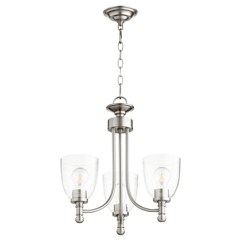 Quorum Rossington 3 Light Chandelier, Satin Nickel/Clear Seeded