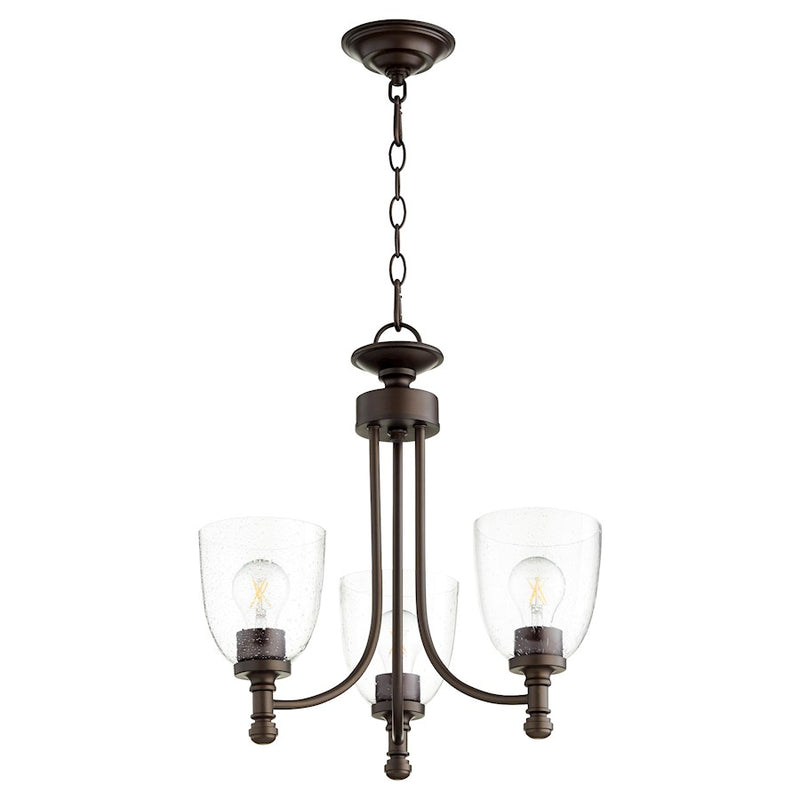 Quorum Rossington 3 Light Chandelier, Oiled Bronze/Clear Seeded