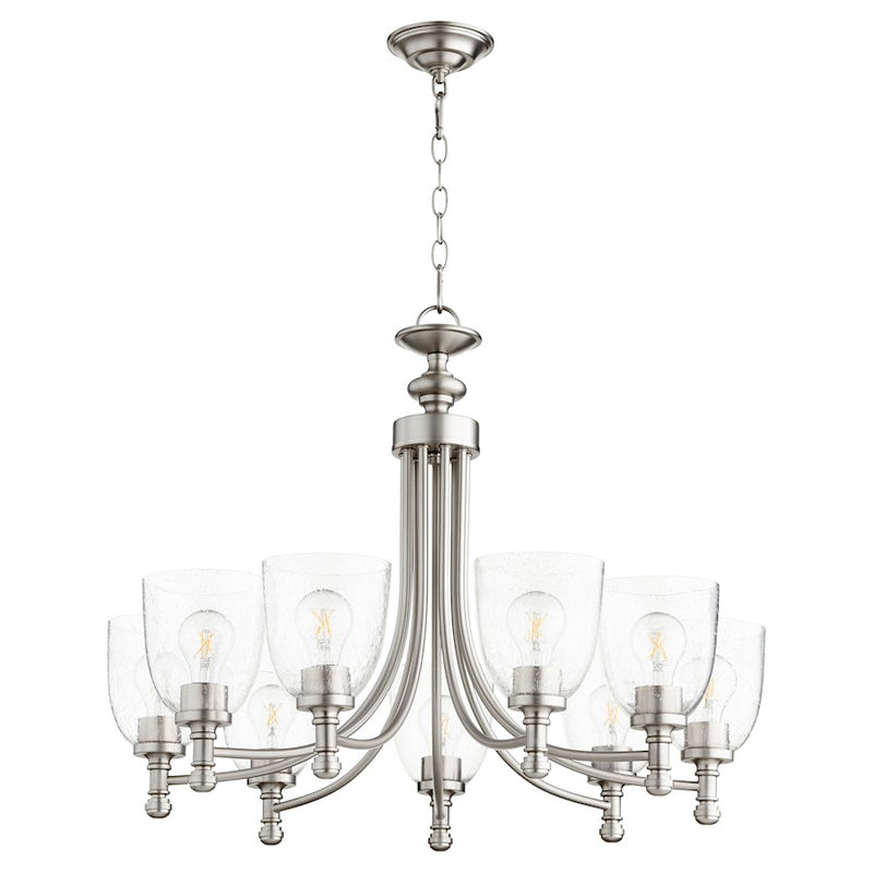 Quorum Rossington 9 Light Chandelier, Satin Nickel/Clear Seeded