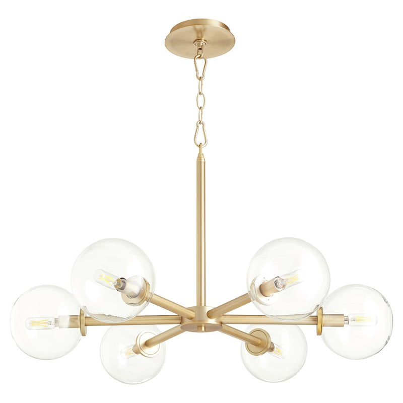 Quorum Rovi 6 Light Chandelier, Aged Brass/Clear