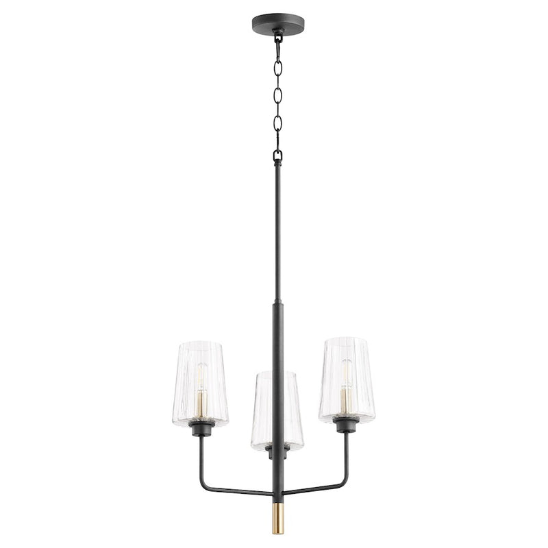Quorum Dalia 3 Light Chandelier, Noir/Aged Brass/Clear/Fluted