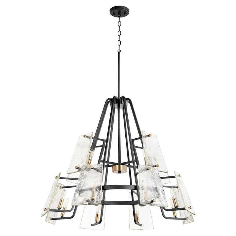 Quorum Tioga 12 Light Chandelier, Noir/Aged Brass/Clear