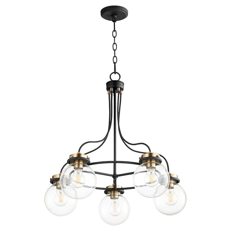 Quorum Centauri 5 Light Chandelier, Noir/Aged Brass/Clear