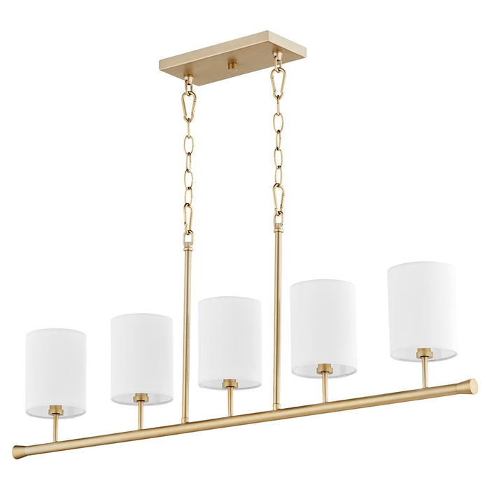 Quorum Harmony 5 Light Linear Chandelier, Aged Brass/White